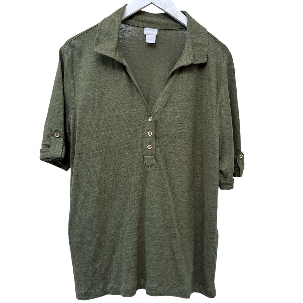CHICOS Linen Knit Polo Shirt XL Henley Womens Top Olive Green Short Sleeve